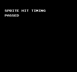 A test ROM's results screen: the words SPRITE HIT TIMING and PASSED in white on black.