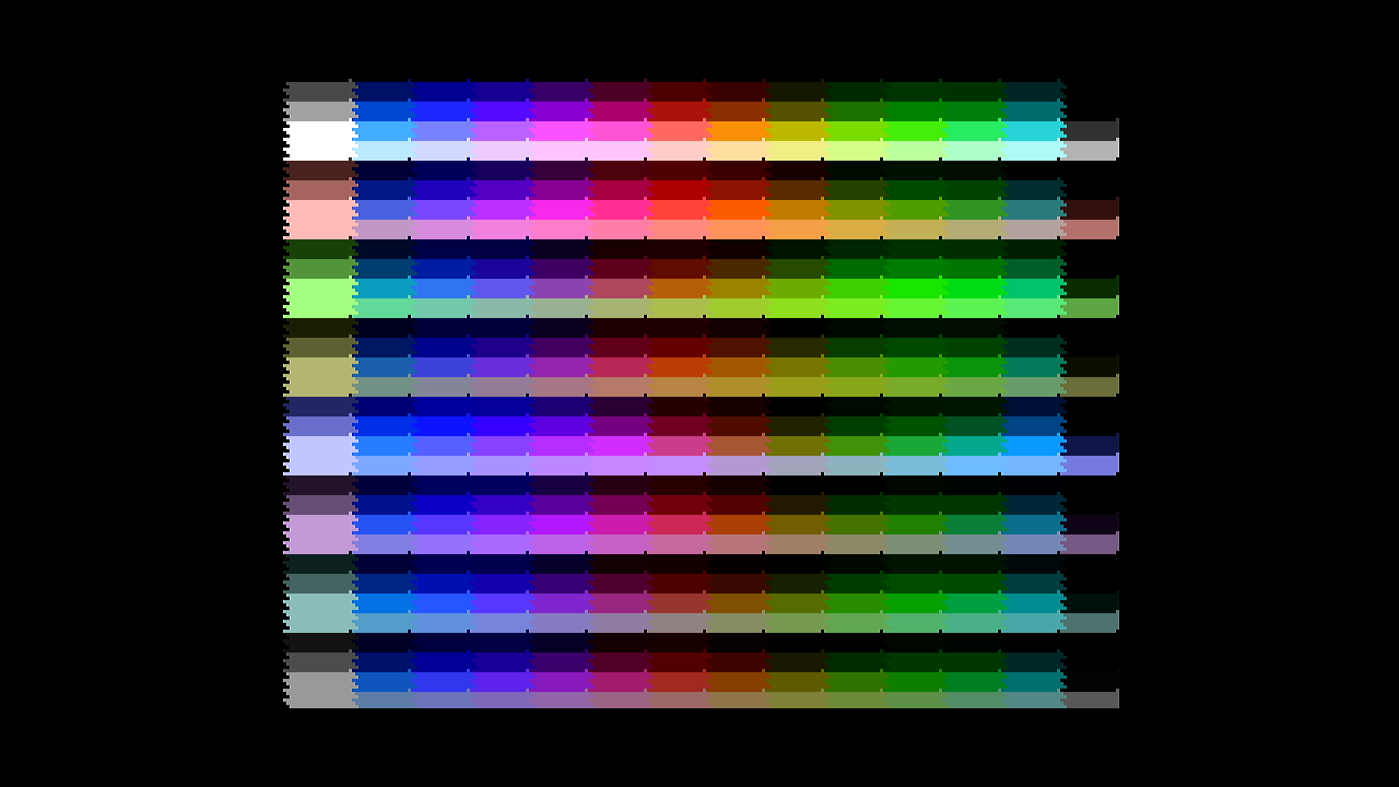 The NES palette grid, three times its size and centred on a black widescreen picture, as it arrives over HDMI.