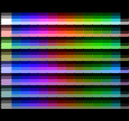 A grid of colour swatches in eight bands, showing the NES's whole palette, each band with a different colour emphasis.