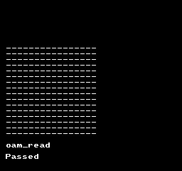 A test ROM's results screen: rows of dashes, then the words oam_read and Passed, in white on black.