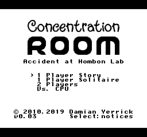 Concentration Room's title screen: the words Concentration and ROOM in large black letters on white, the subtitle Accident at Hombon Lab, and a menu of four game modes.